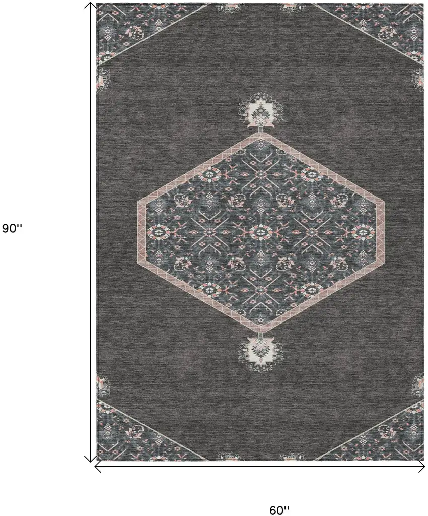 Charcoal Pink And Blue Oriental Washable Indoor Outdoor Area Rug Photo 3