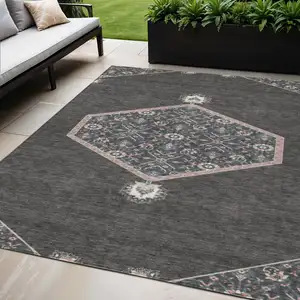 Photo of Charcoal Pink And Blue Oriental Washable Indoor Outdoor Area Rug