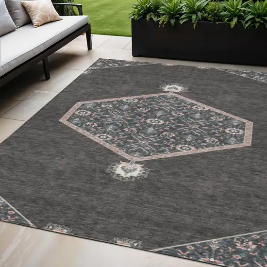 Charcoal Pink And Blue Oriental Washable Indoor Outdoor Area Rug Photo 1
