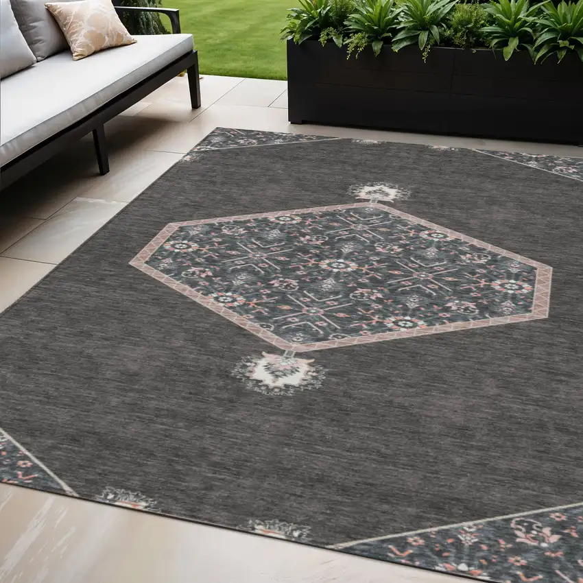 Charcoal Pink And Blue Oriental Washable Indoor Outdoor Area Rug Photo 1