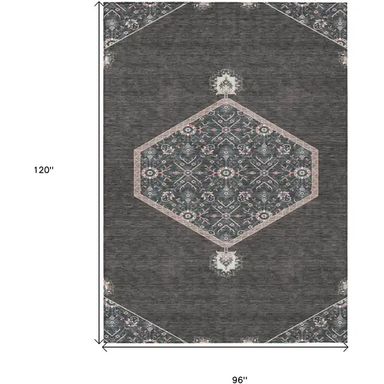 Charcoal Pink And Blue Oriental Washable Indoor Outdoor Area Rug Photo 3