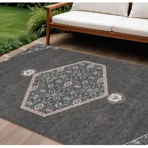 Photo of Charcoal Pink And Blue Oriental Washable Indoor Outdoor Area Rug