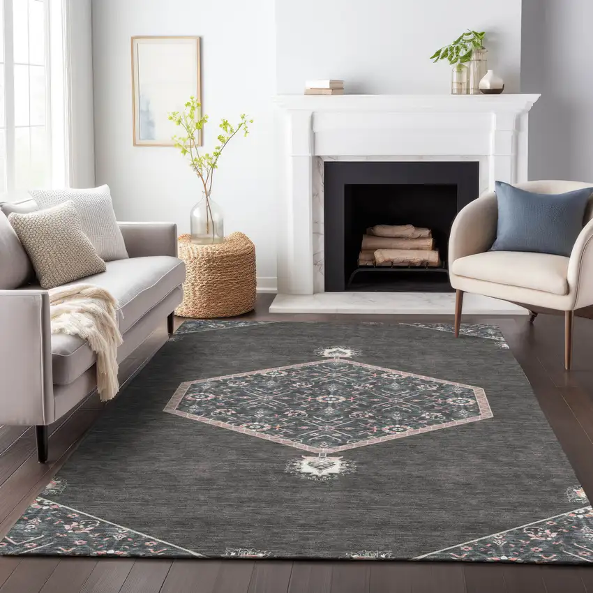 Charcoal Pink And Blue Oriental Washable Indoor Outdoor Area Rug Photo 9