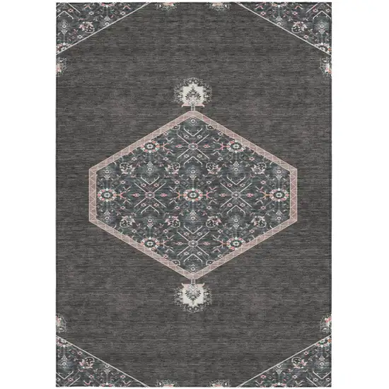 Charcoal Pink And Blue Oriental Washable Indoor Outdoor Area Rug Photo 7