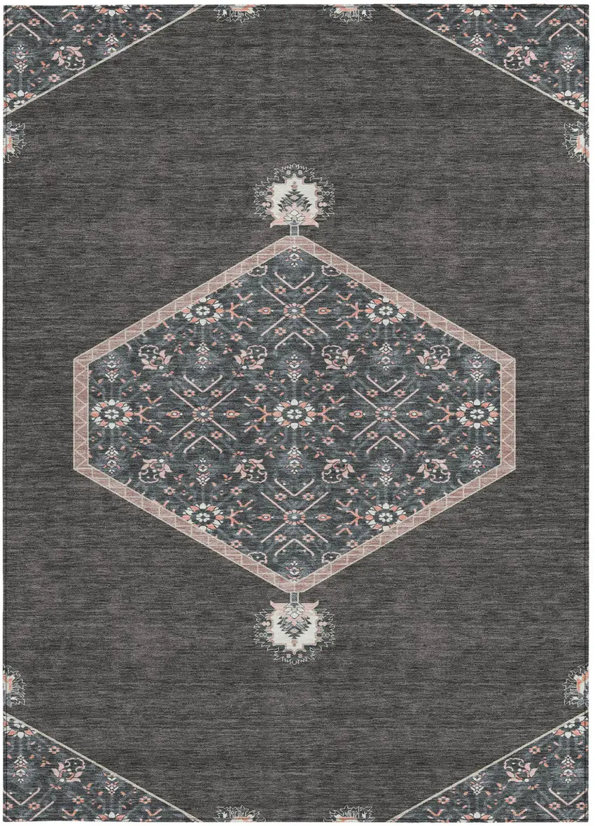 Charcoal Pink And Blue Oriental Washable Indoor Outdoor Area Rug Photo 7