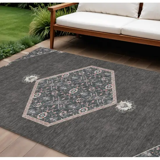Charcoal Pink And Blue Oriental Washable Indoor Outdoor Area Rug Photo 1
