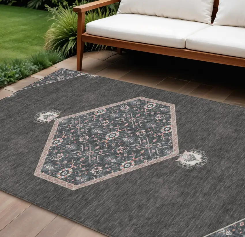 Charcoal Pink And Blue Oriental Washable Indoor Outdoor Area Rug Photo 1