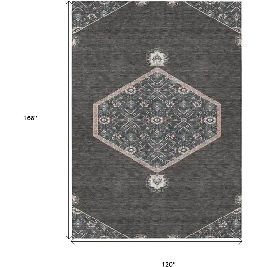 Charcoal Pink And Blue Oriental Washable Indoor Outdoor Area Rug Photo 3