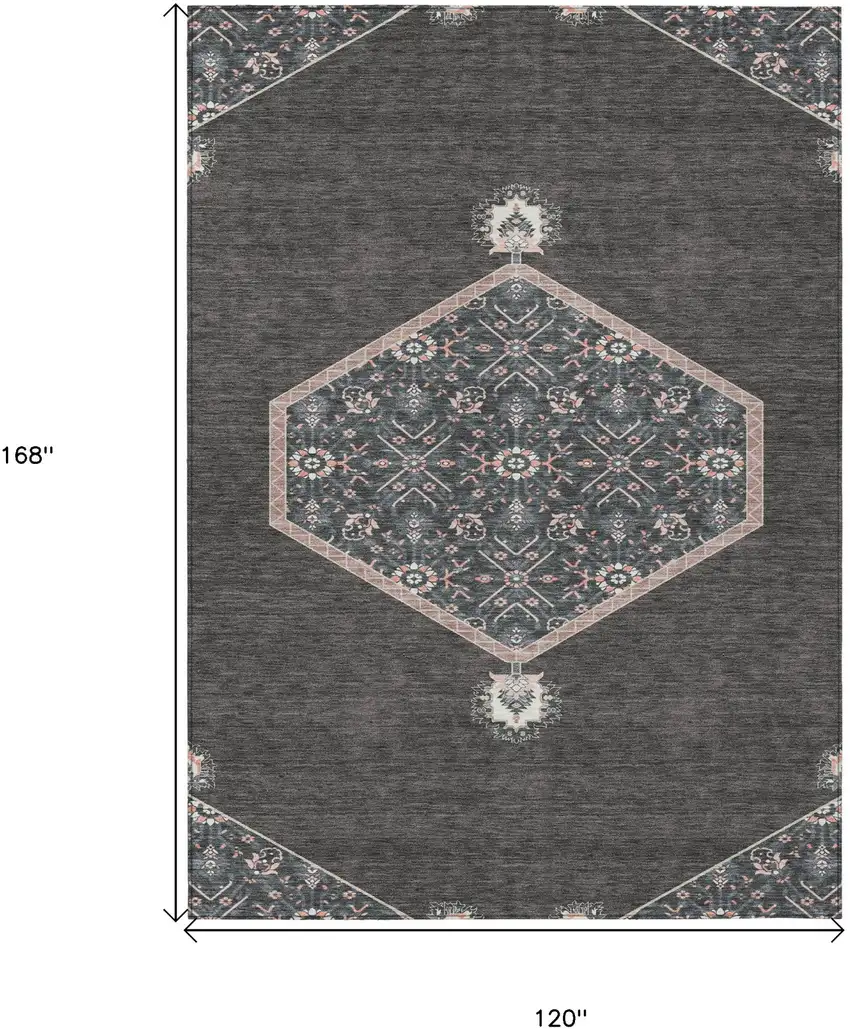 Charcoal Pink And Blue Oriental Washable Indoor Outdoor Area Rug Photo 3
