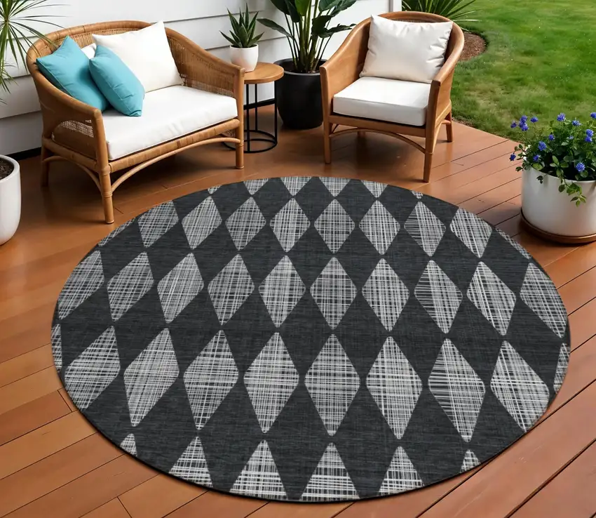 Charcoal Round Geometric Washable Non Skid Indoor Outdoor Area Rug Photo 1
