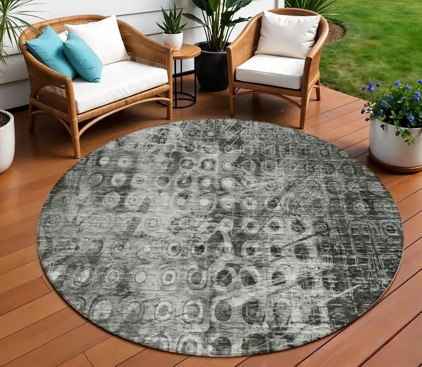 Charcoal Round Ikat Washable Non Skid Indoor Outdoor Area Rug Photo 1