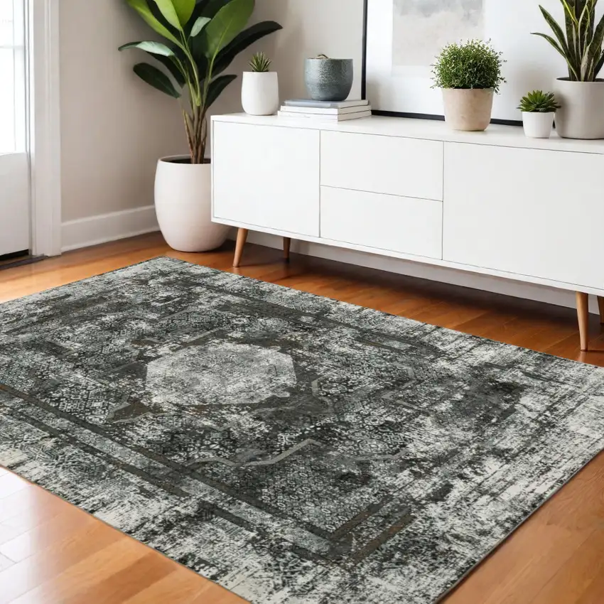 Charcoal And Gray Oriental Distressed Area Rug Photo 1