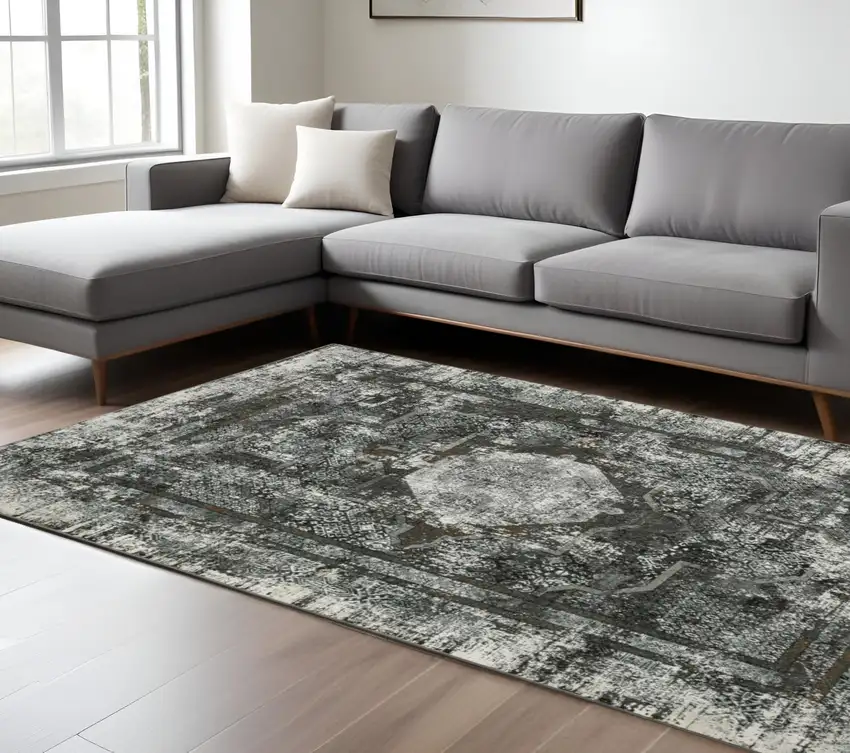 Charcoal And Gray Oriental Distressed Area Rug Photo 1