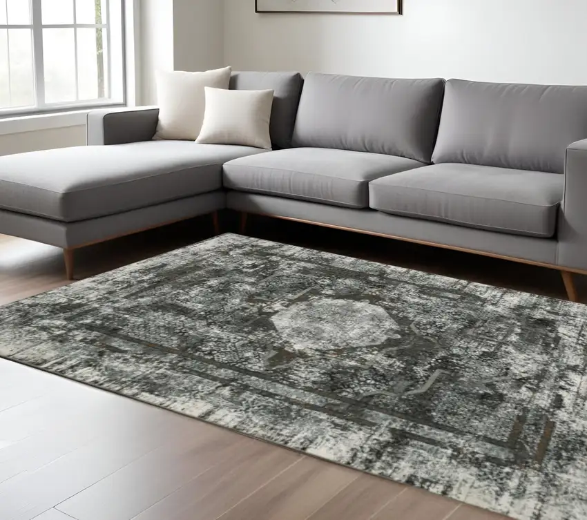 Charcoal Rust Grey Blue Ivory And Brown Oriental Power Loom Stain Resistant Area Rug Photo 1