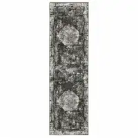 Photo of Charcoal Rust Grey Blue Ivory And Brown Oriental Power Loom Stain Resistant Runner Rug