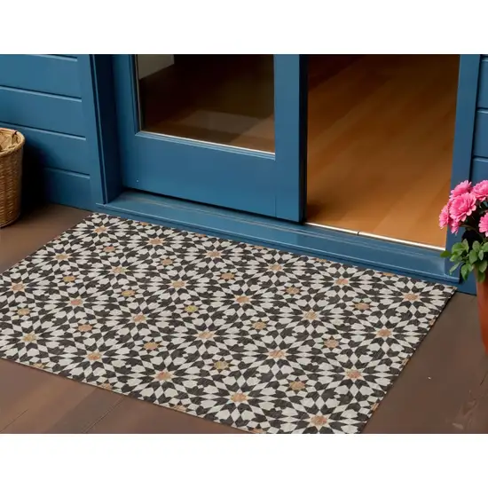 Charcoal Silver And Copper Floral Medallion Washable Indoor Outdoor Area Rug Photo 1