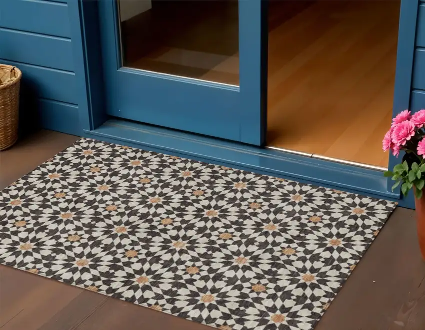 Charcoal Silver And Copper Floral Medallion Washable Indoor Outdoor Area Rug Photo 1