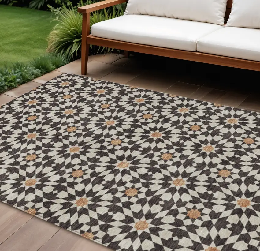 Charcoal Silver And Copper Floral Medallion Washable Indoor Outdoor Area Rug Photo 1