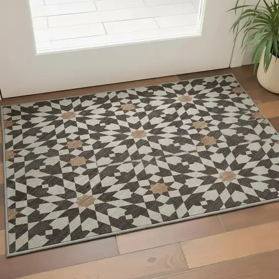 Charcoal Silver And Copper Geometric Washable Area Rug With UV Protection Photo 2