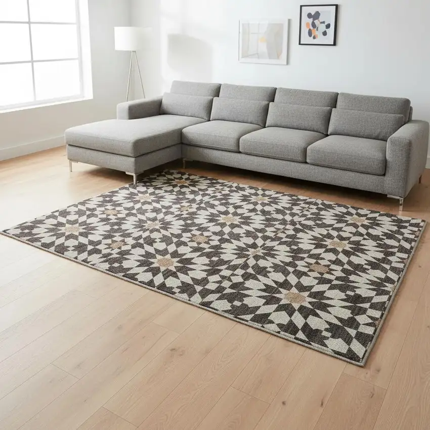 Charcoal Silver And Copper Geometric Washable Area Rug With UV Protection Photo 2