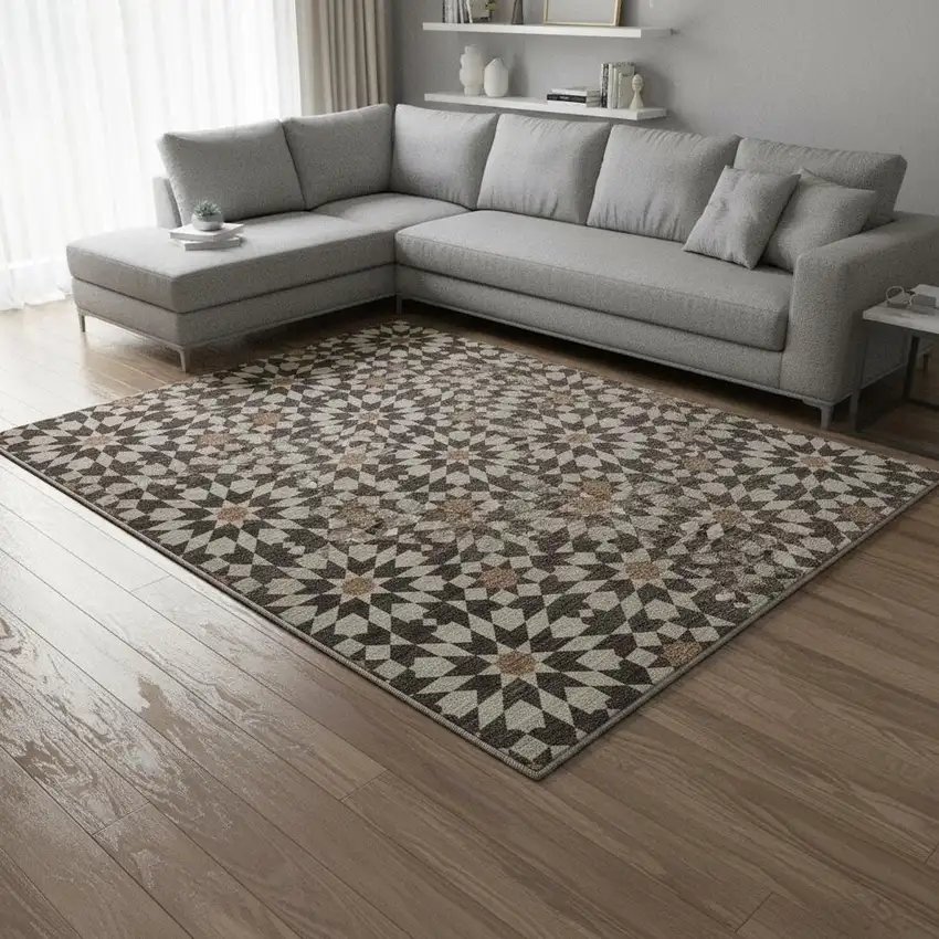 Charcoal Silver And Copper Geometric Washable Area Rug With UV Protection Photo 2