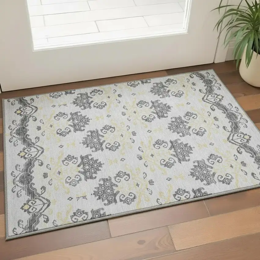 Charcoal Silver And Gold Medallion Washable Area Rug With UV Protection Photo 2