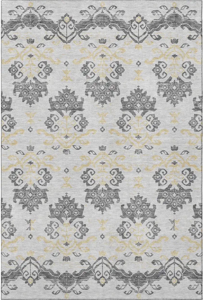 Charcoal Silver And Gold Medallion Washable Area Rug With UV Protection Photo 3