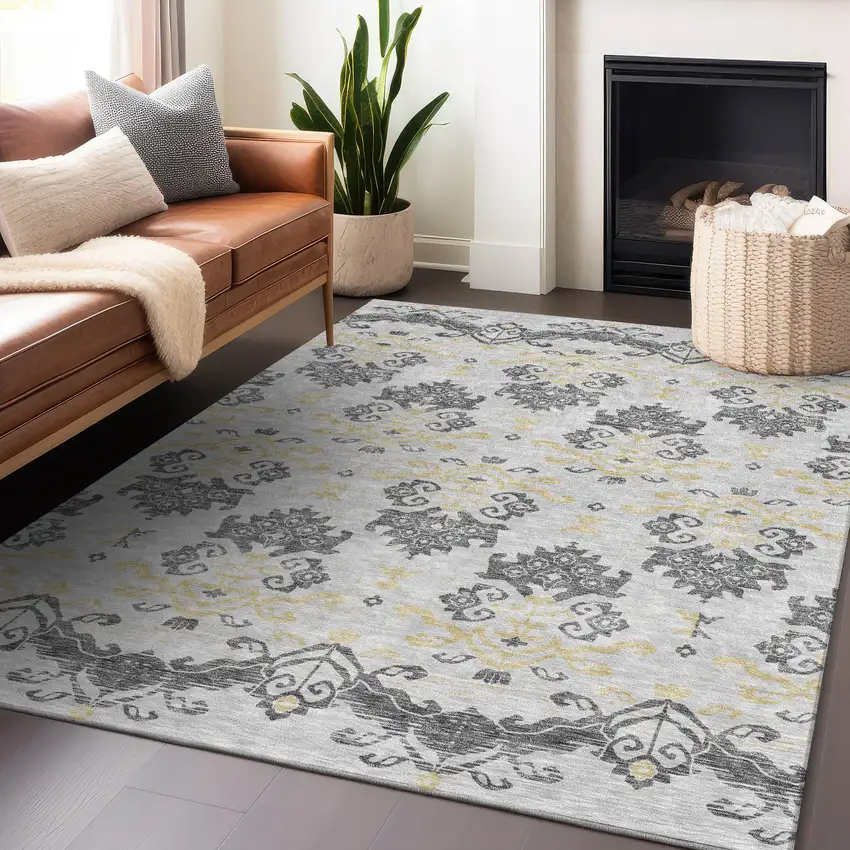 Charcoal Silver And Gold Medallion Washable Area Rug With UV Protection Photo 5
