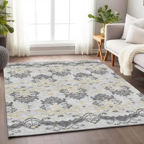 Charcoal Silver And Gold Medallion Washable Area Rug With UV Protection Photo 4