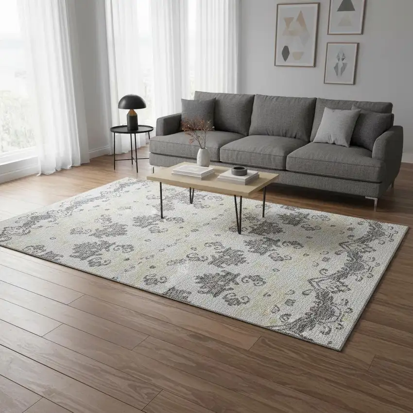 Charcoal Silver And Gold Medallion Washable Area Rug With UV Protection Photo 2