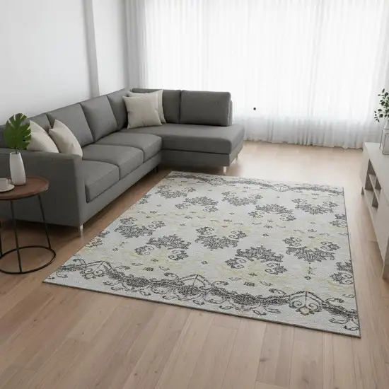 Charcoal Silver And Gold Medallion Washable Area Rug With UV Protection Photo 2