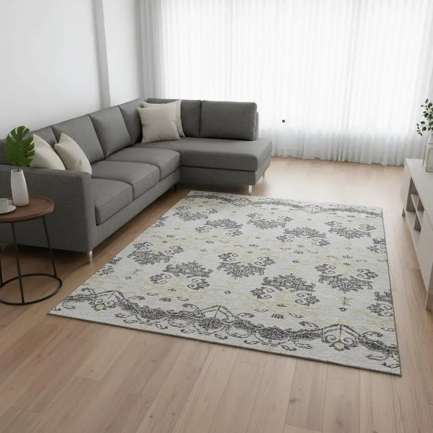 Charcoal Silver And Gold Medallion Washable Area Rug With UV Protection Photo 2