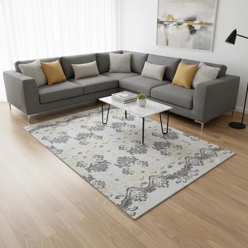 Charcoal Silver And Gold Medallion Washable Area Rug With UV Protection Photo 2