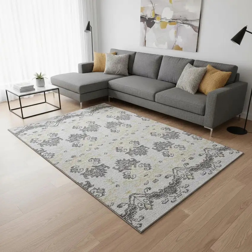 Charcoal Silver And Gold Medallion Washable Area Rug With UV Protection Photo 2