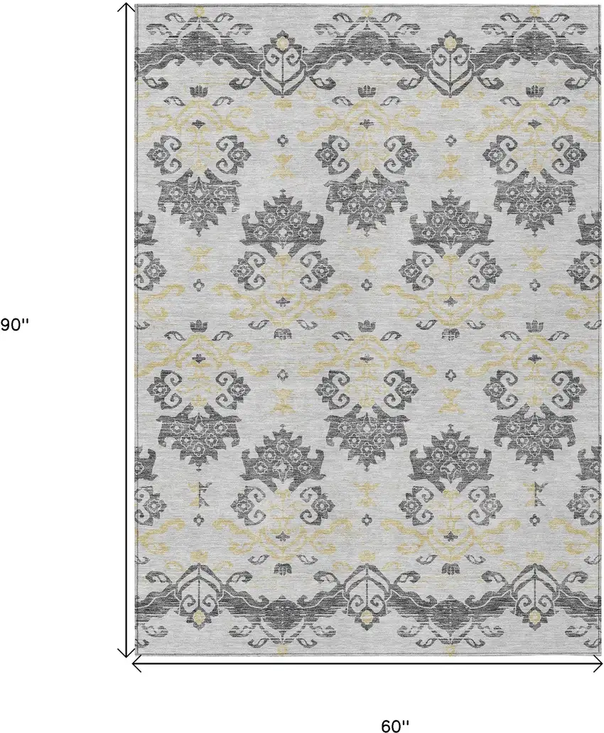 Charcoal Silver And Gold Oriental Washable Indoor Outdoor Area Rug Photo 3