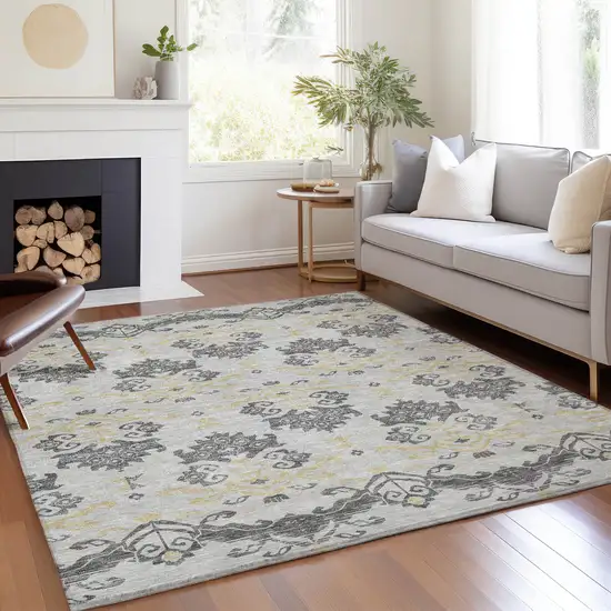 Charcoal Silver And Gold Oriental Washable Indoor Outdoor Area Rug Photo 8