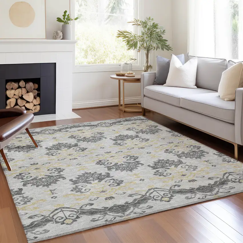 Charcoal Silver And Gold Oriental Washable Indoor Outdoor Area Rug Photo 8