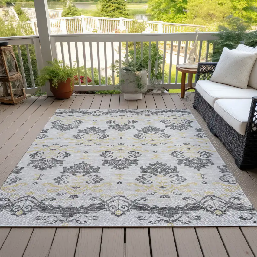 Charcoal Silver And Gold Oriental Washable Indoor Outdoor Area Rug Photo 7