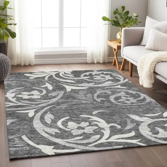 Charcoal Silver And Gray Floral Washable Area Rug With UV Protection Photo 5