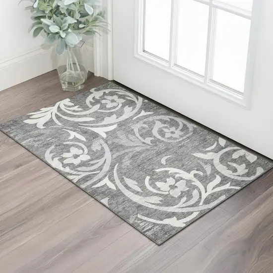 Charcoal Silver And Gray Floral Washable Area Rug With UV Protection Photo 1