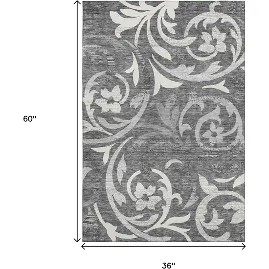 Charcoal Silver And Gray Floral Washable Area Rug With UV Protection Photo 3