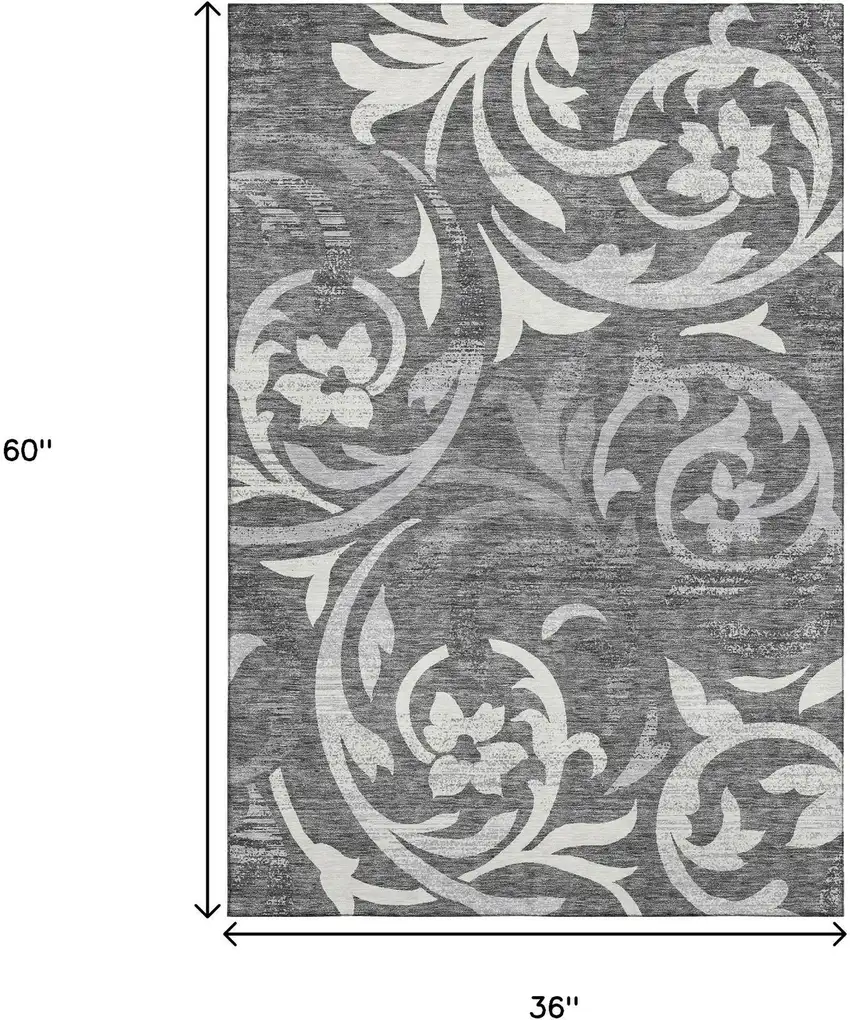 Charcoal Silver And Gray Floral Washable Area Rug With UV Protection Photo 3