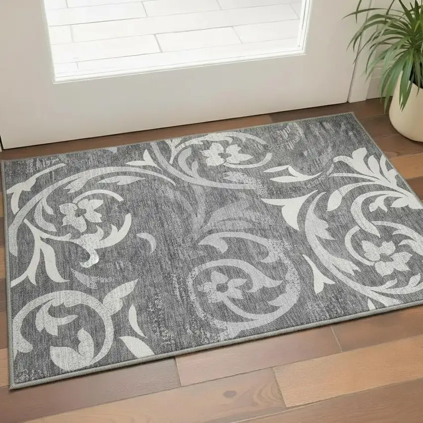 Charcoal Silver And Gray Floral Washable Area Rug With UV Protection Photo 2