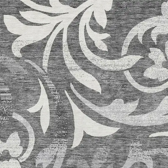 Charcoal Silver And Gray Floral Washable Area Rug With UV Protection Photo 3