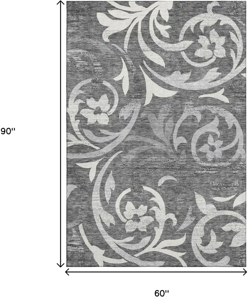 Charcoal Silver And Gray Floral Washable Area Rug With UV Protection Photo 3