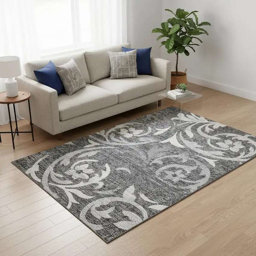 Charcoal Silver And Gray Floral Washable Area Rug With UV Protection Photo 2