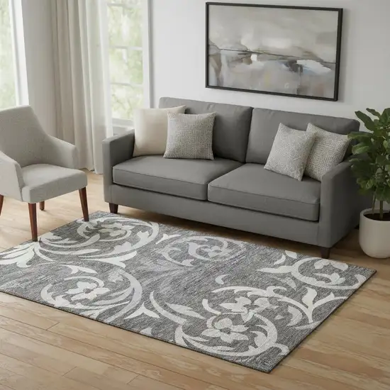Charcoal Silver And Gray Floral Washable Area Rug With UV Protection Photo 1