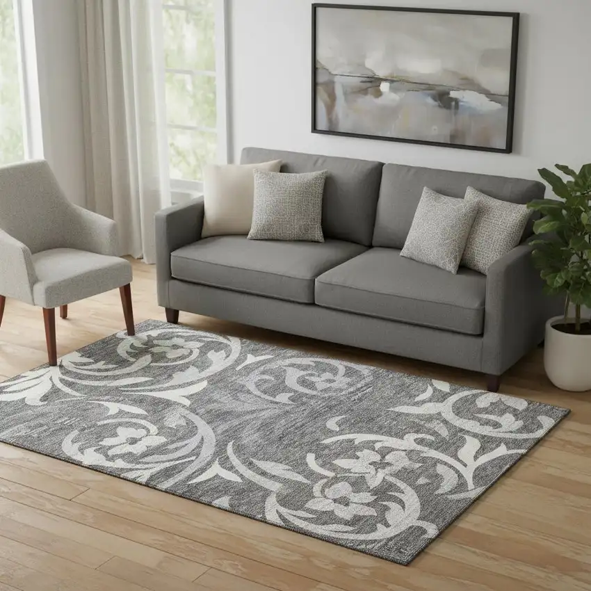 Charcoal Silver And Gray Floral Washable Area Rug With UV Protection Photo 1