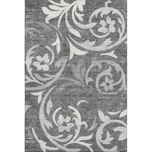 Photo of Charcoal Silver And Gray Floral Washable Area Rug With UV Protection