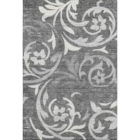 Charcoal Silver And Gray Floral Washable Area Rug With UV Protection Photo 1